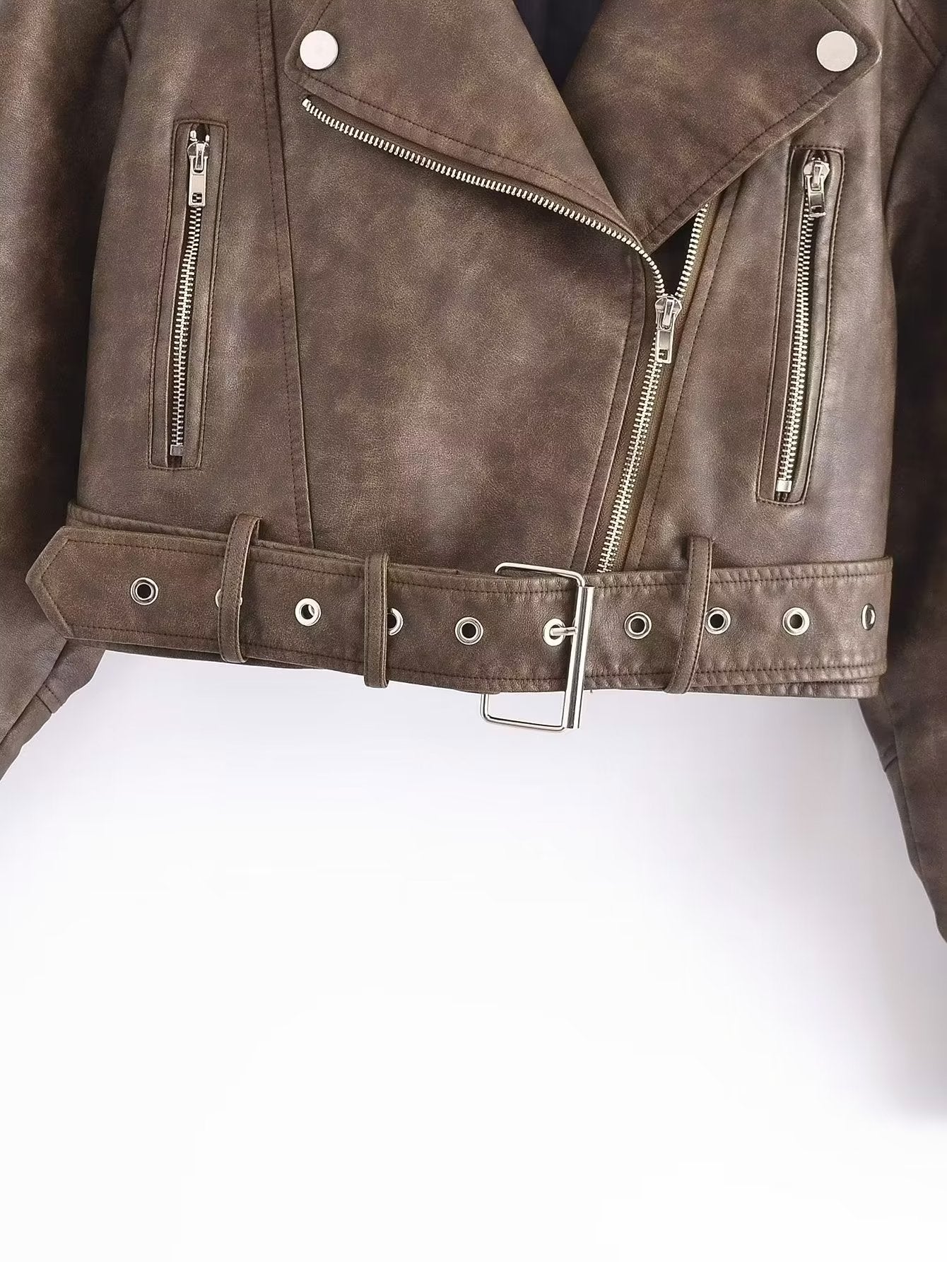 Vintage Brown Cropped PU Leather Biker Jacket Gomaki