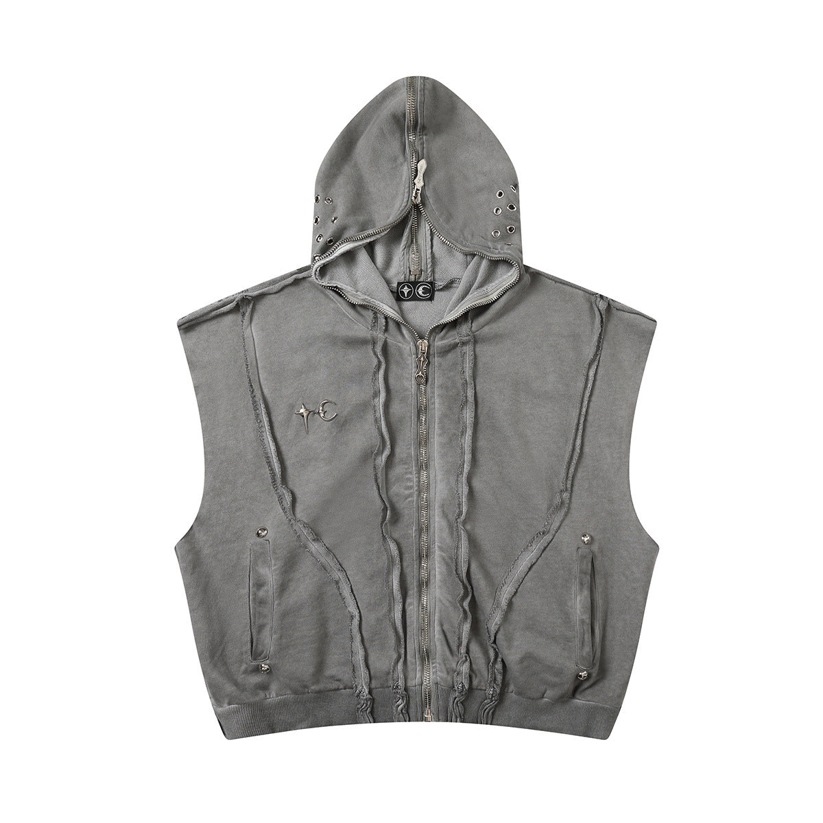 Unisex Washed Grey Sleeveless Zip Hoodie with Face Cover Gomaki