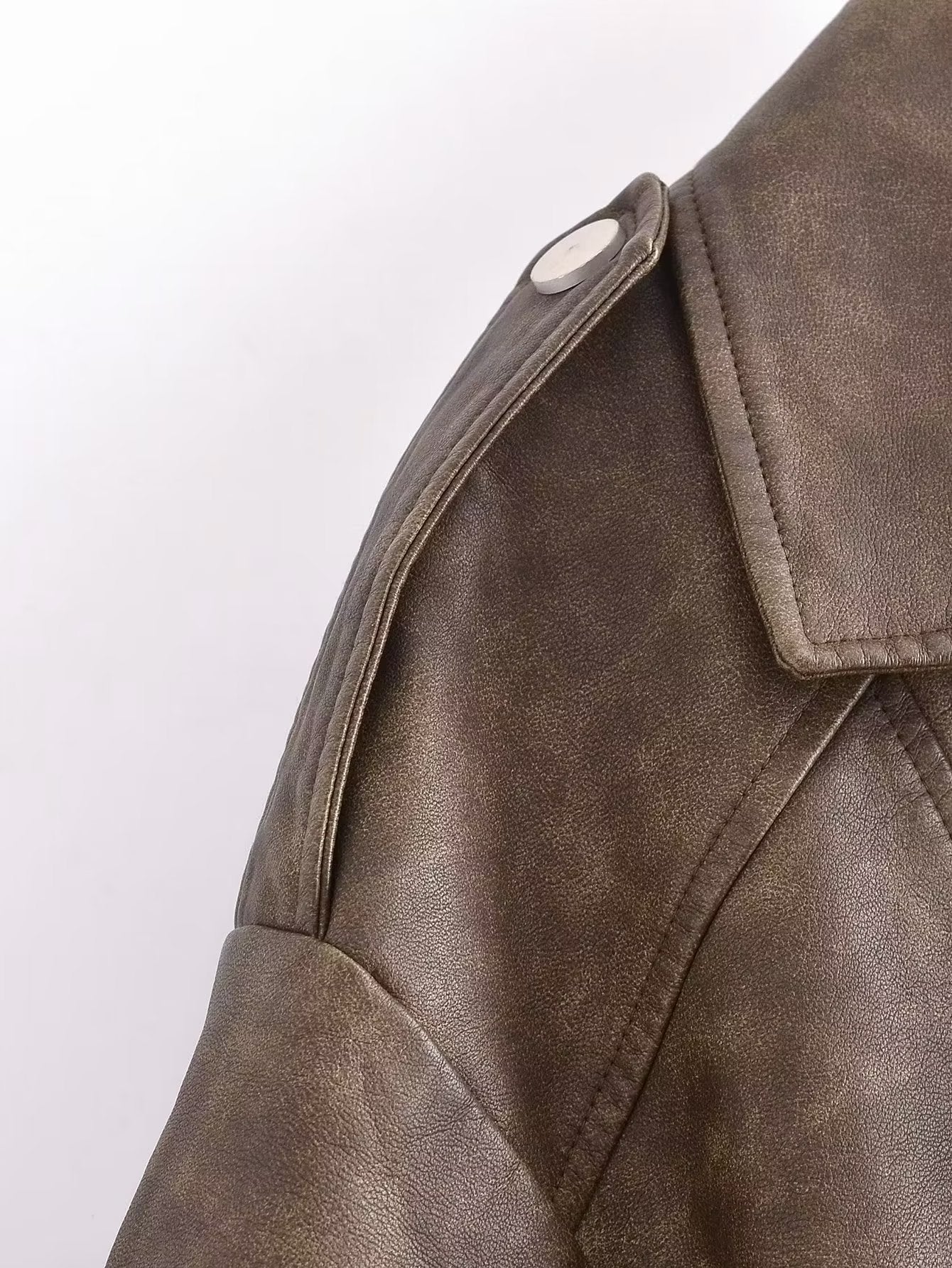 Vintage Brown Cropped PU Leather Biker Jacket Gomaki