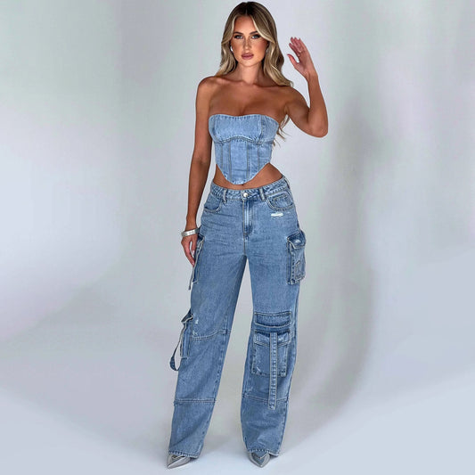 Women Suit Low Waist Stitching Jeans Pants Gomaki