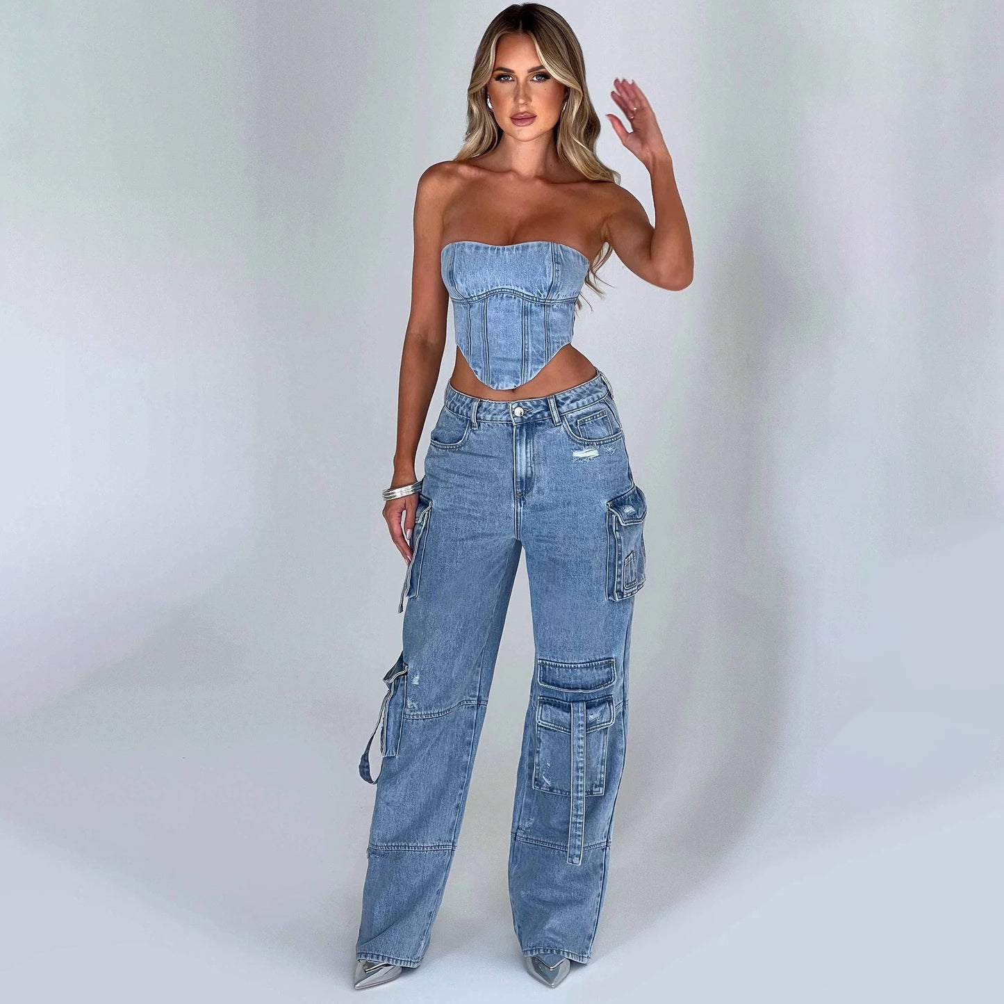 Women Suit Low Waist Stitching Jeans Pants Gomaki