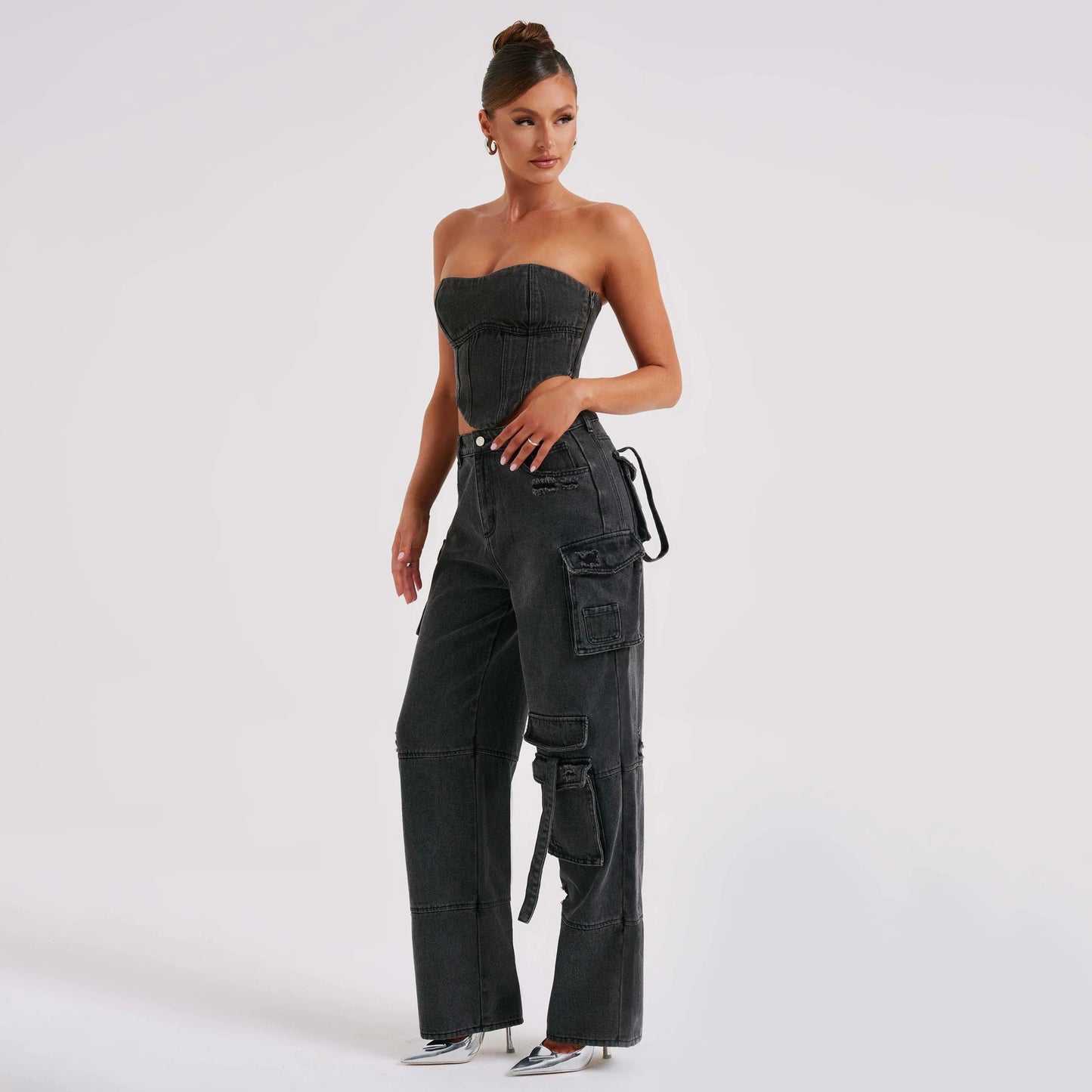 Women Suit Low Waist Stitching Jeans Pants Gomaki