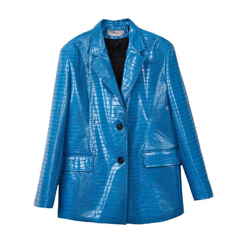 Genuine Leather Oversized Blazer Electric Blue Gomaki