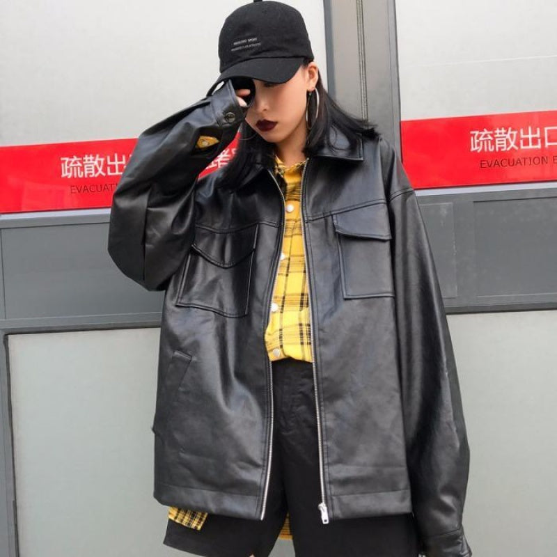 Oversized Genuine Leather Zip Jacket Gomaki