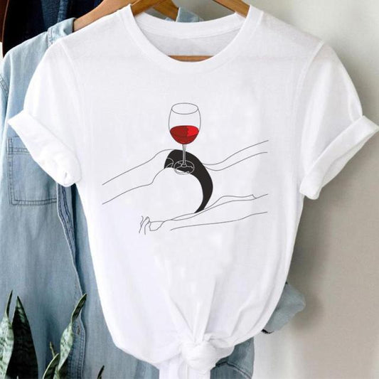 Minimalist Wine Glass Line Art T Shirt Gomaki