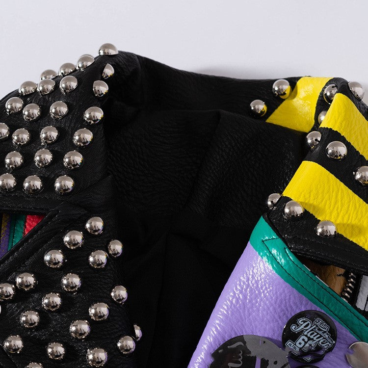 Graphic Patchwork PU Leather Studded Biker Jacket Gomaki