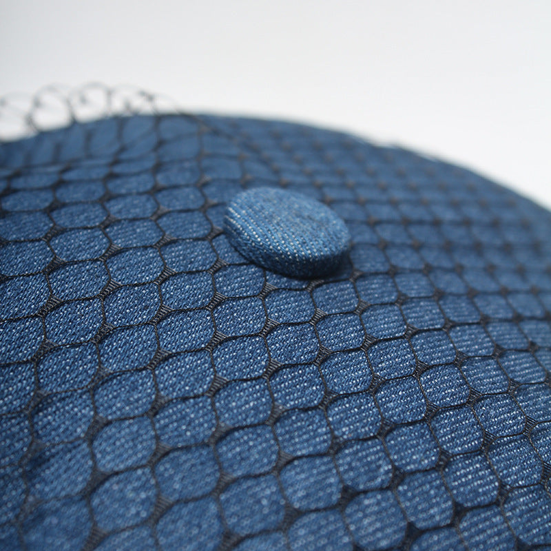 Women Denim Beret Cap With Veil Gomaki