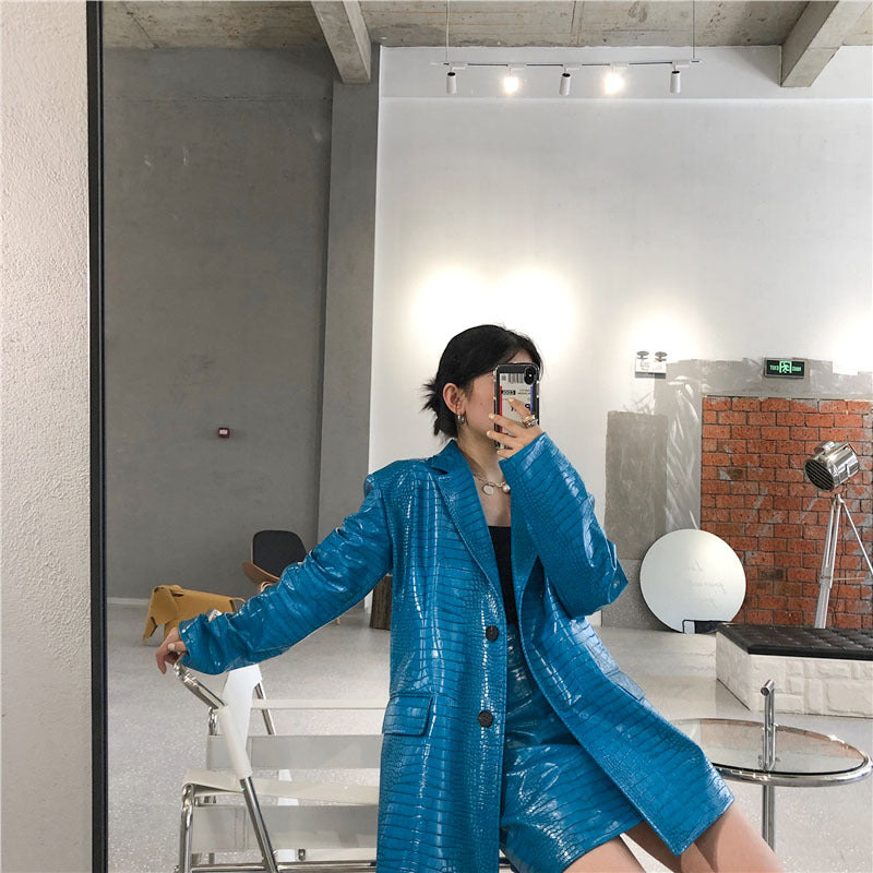 Genuine Leather Oversized Blazer Electric Blue Gomaki