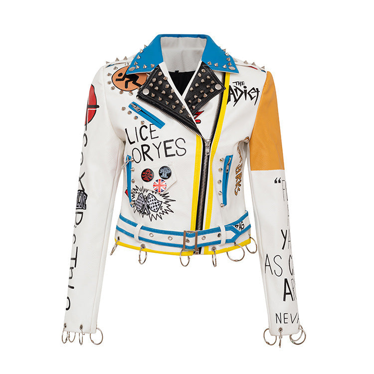 Colorblock PU Leather Studded Biker Jacket Gomaki