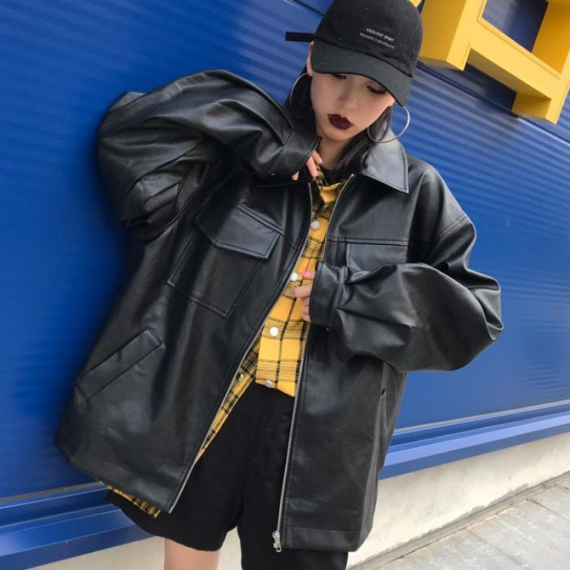 Oversized Genuine Leather Zip Jacket Gomaki