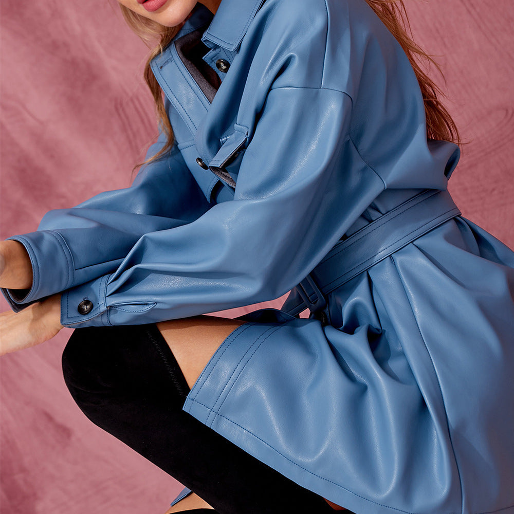 Blue Belted PU Leather Shirt Dress Gomaki Shop