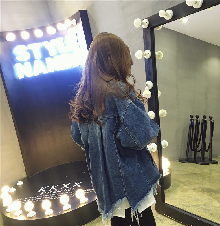 Women Oversized Distressed Denim Jacket Gomaki