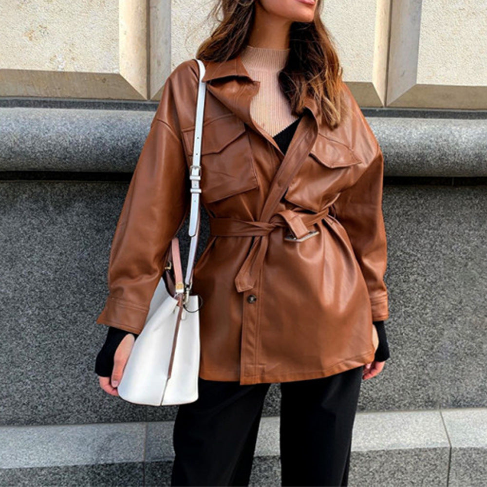 Blue Belted PU Leather Shirt Dress Gomaki Shop