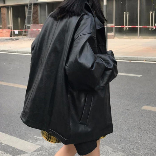 Oversized Genuine Leather Zip Jacket Gomaki