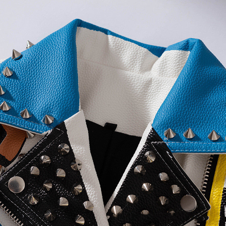 Colorblock PU Leather Studded Biker Jacket Gomaki