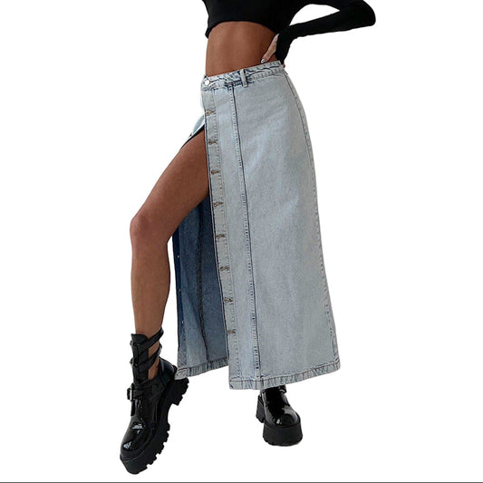 High Waist Light Wash Denim Maxi Skirt With Front Slit Gomaki
