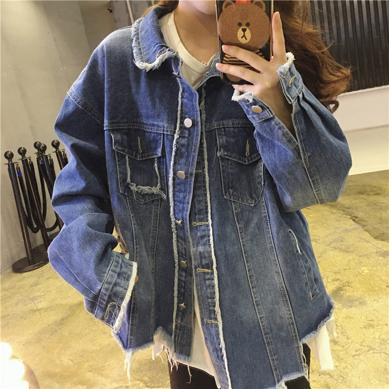 Women Oversized Distressed Denim Jacket Gomaki