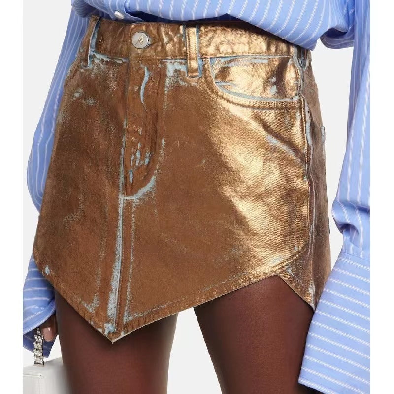 Gold Metallic Faux Leather Mini Skort Gomaki