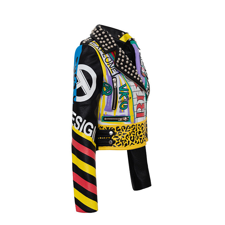 Graphic Patchwork PU Leather Studded Biker Jacket Gomaki