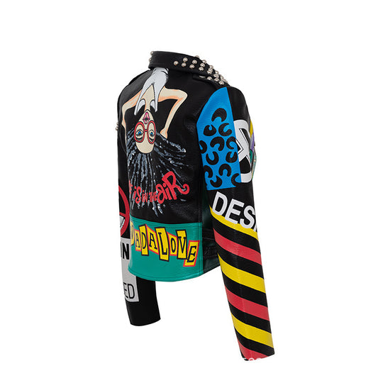 Graphic Patchwork PU Leather Studded Biker Jacket Gomaki