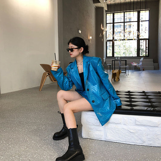 Genuine Leather Oversized Blazer Electric Blue Gomaki