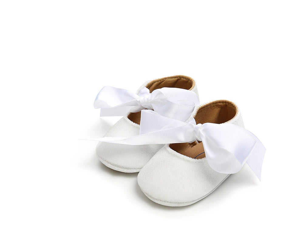 Velvet Baby Girl Shoes with Satin Ribbon Gomaki