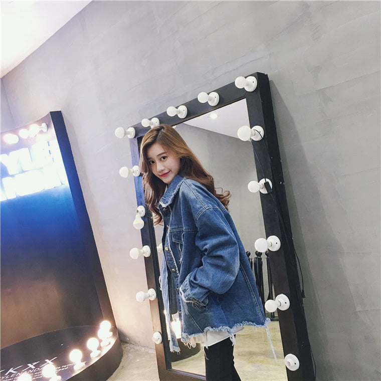 Women Oversized Distressed Denim Jacket Gomaki
