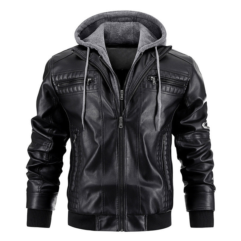 Men Faux Leather Jacket Removable Hood Gomaki