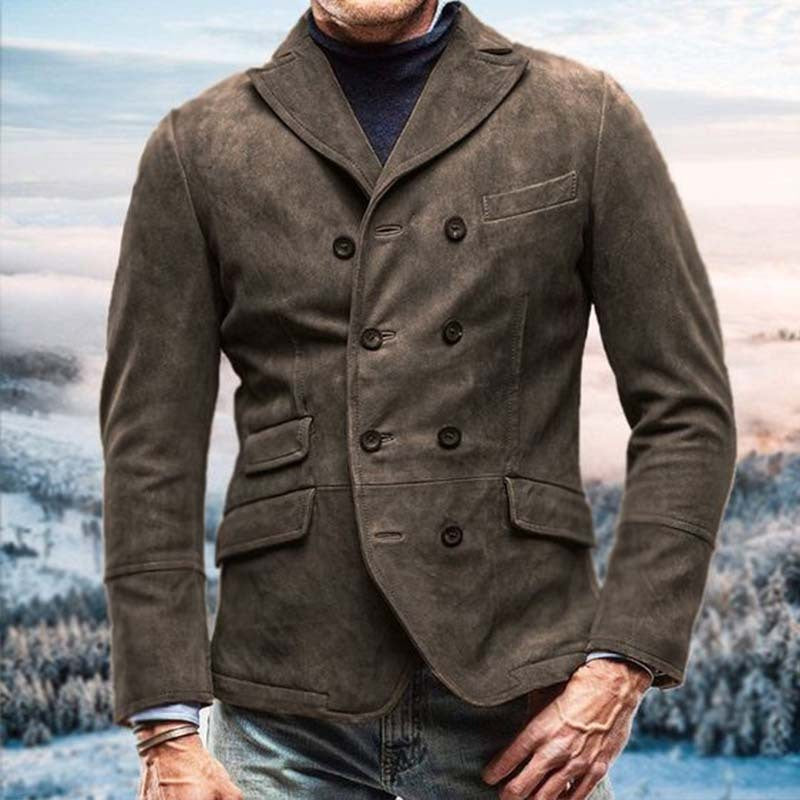 Men Vintage Suede Double Breasted Blazer Jacket Gomaki