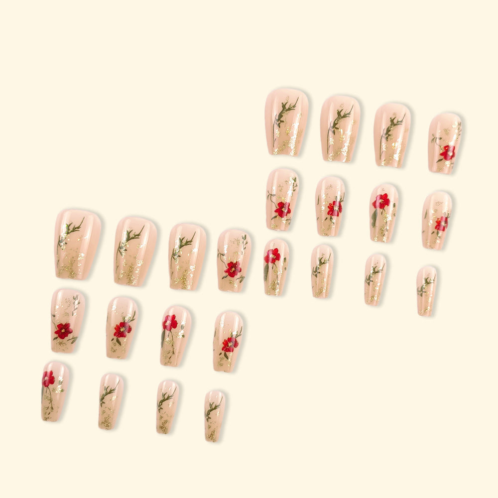 Gold Glitter Nail Tips Red Rose Gomaki