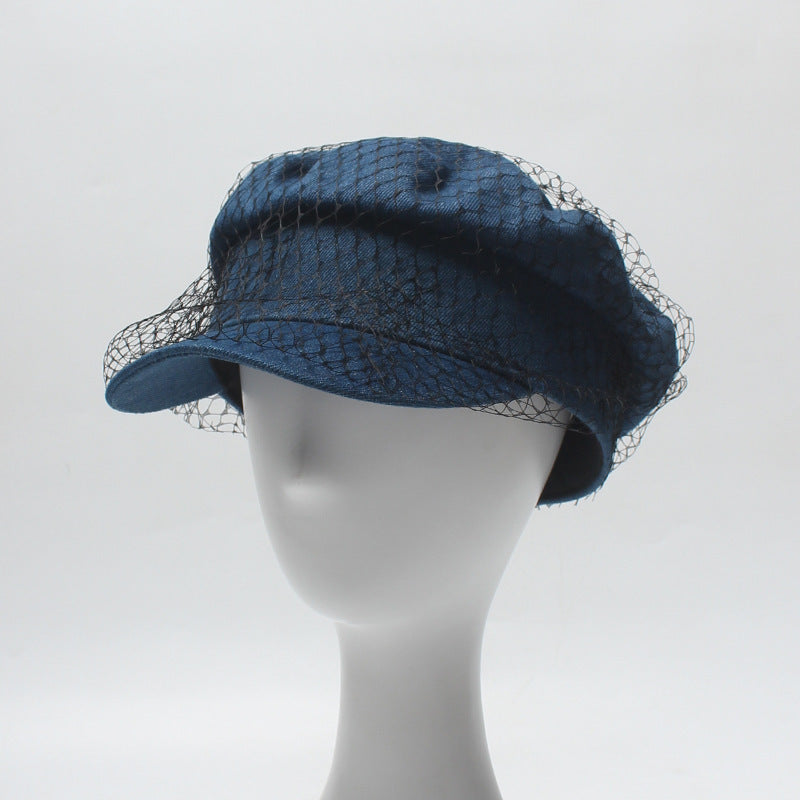 Women Denim Beret Cap With Veil Gomaki