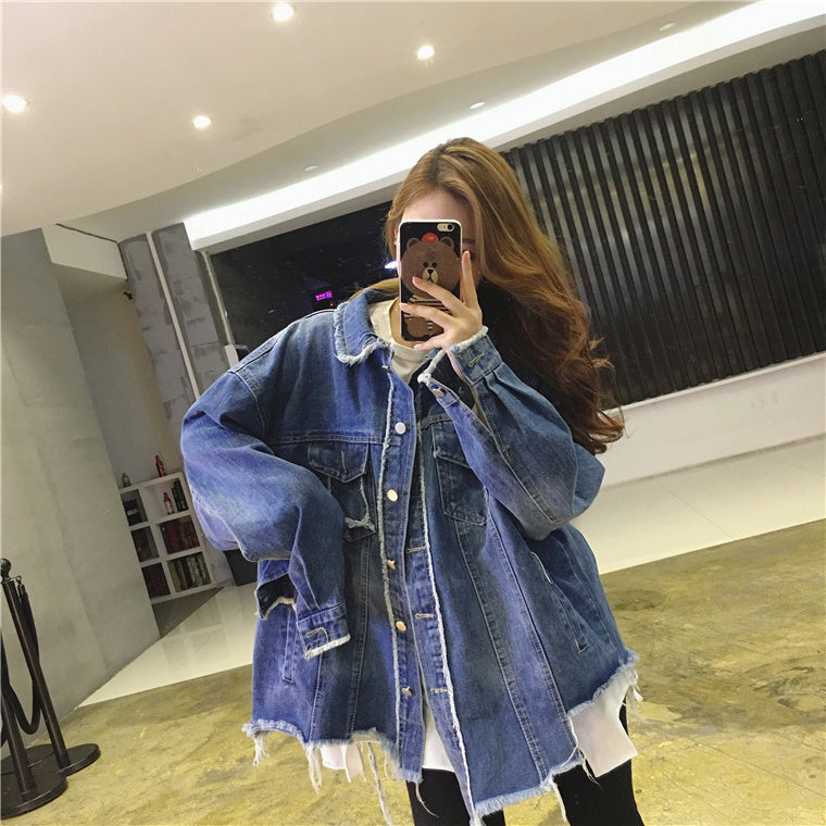 Women Oversized Distressed Denim Jacket Gomaki