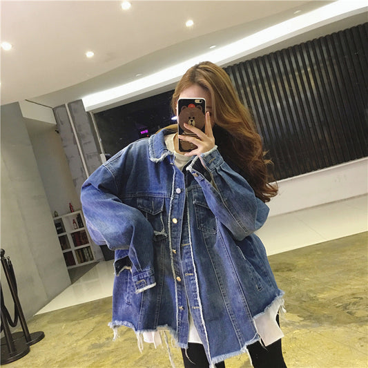 Women Oversized Distressed Denim Jacket Gomaki