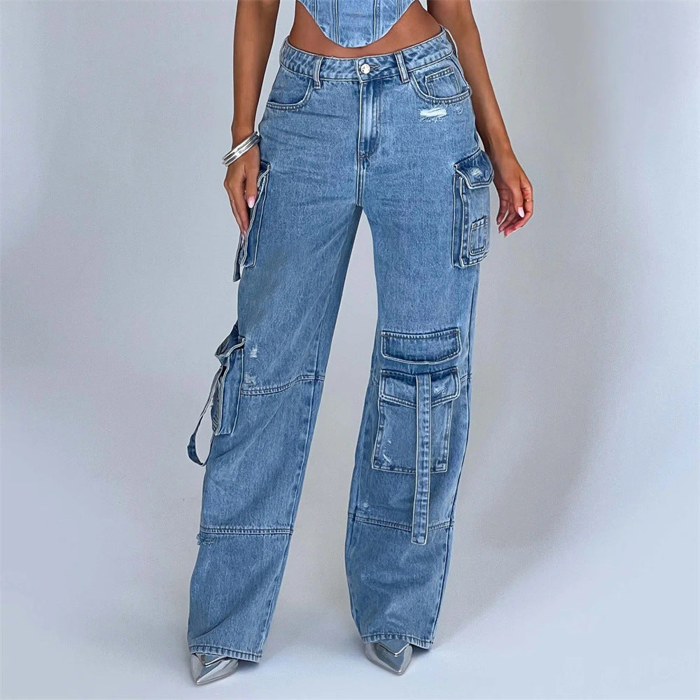 Women Suit Low Waist Stitching Jeans Pants Gomaki