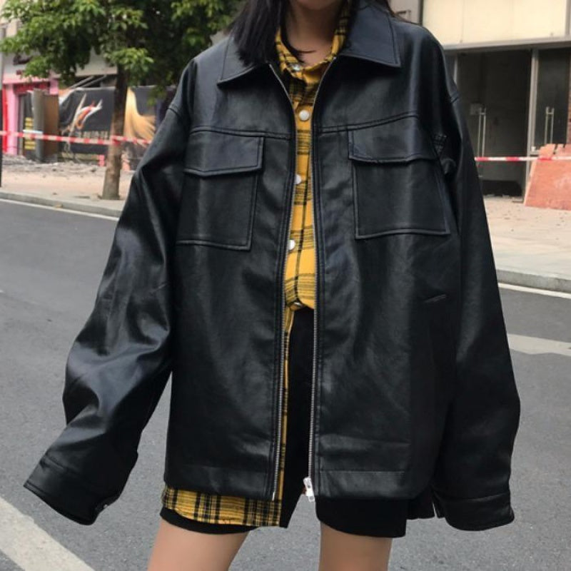 Oversized Genuine Leather Zip Jacket Gomaki