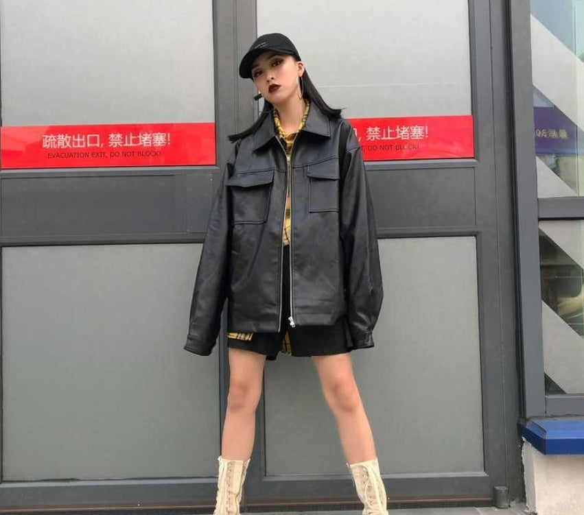 Oversized Genuine Leather Zip Jacket Gomaki