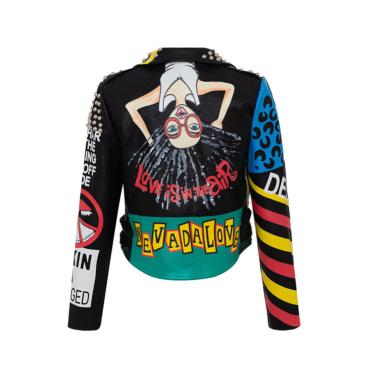 Graphic Patchwork PU Leather Studded Biker Jacket Gomaki