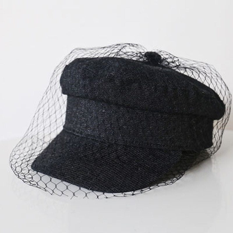 Women Denim Beret Cap With Veil Gomaki