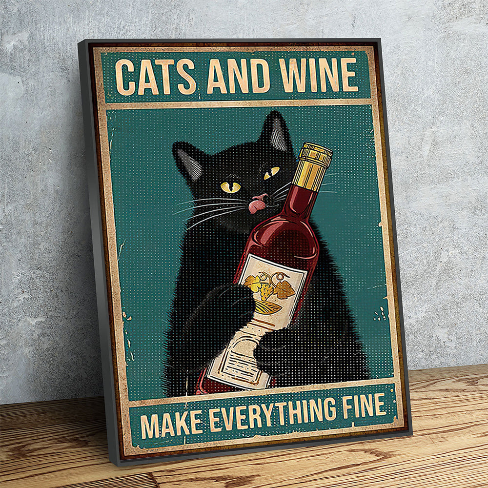 Vintage Cats and Wine Canvas Wall Sign Gomaki