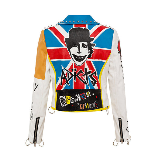 Colorblock PU Leather Studded Biker Jacket Gomaki