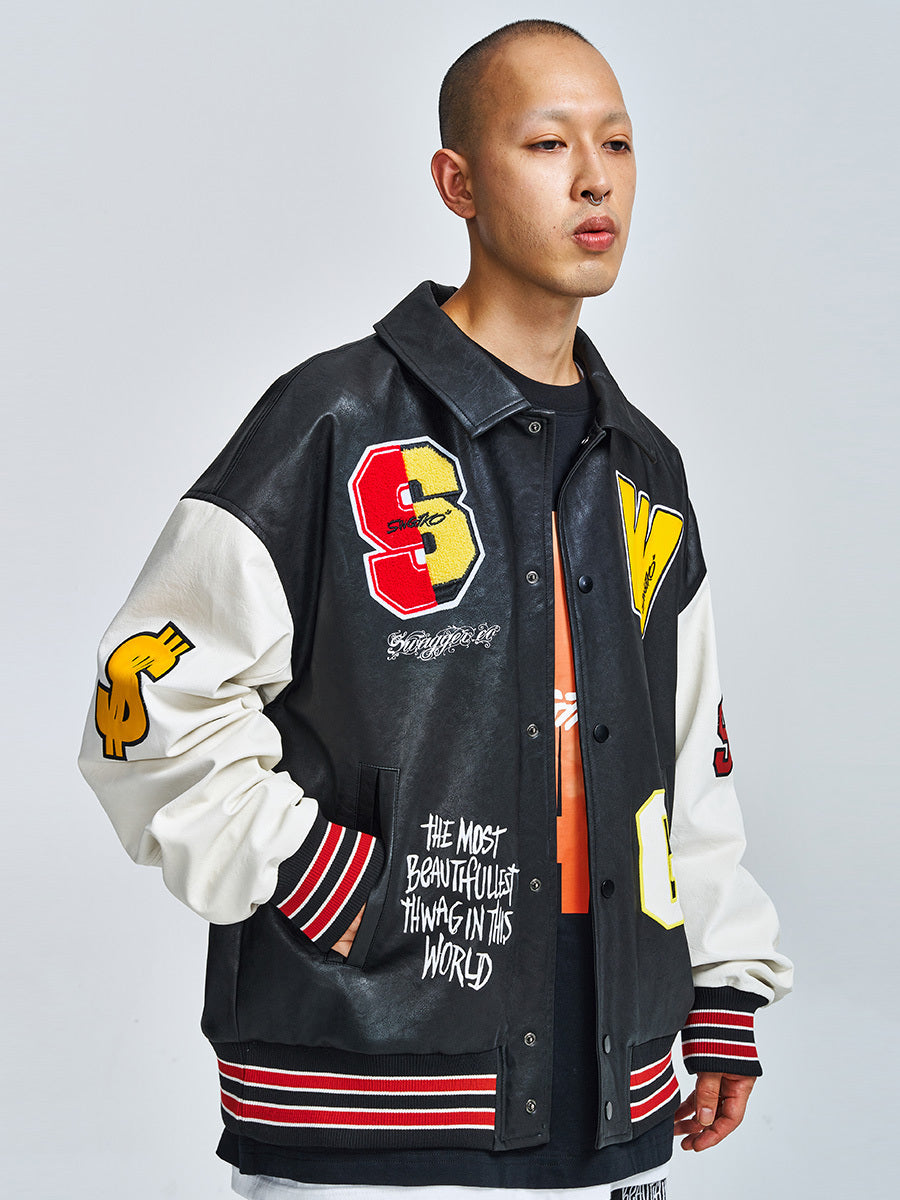 Men Statement Patch Leather Jacket Gomaki