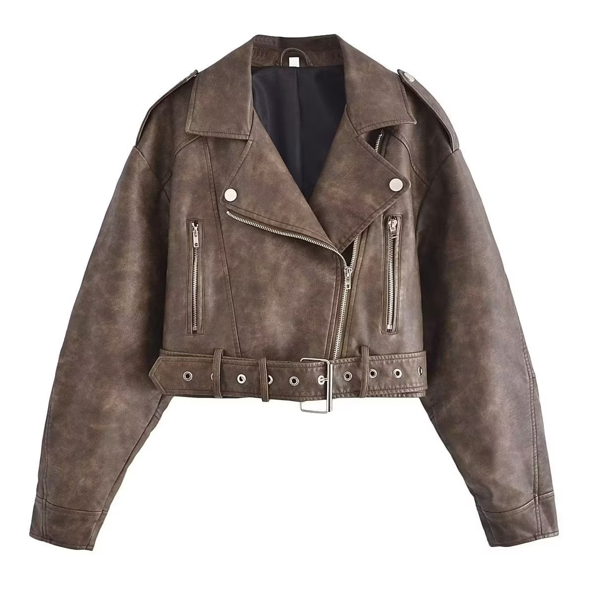 Vintage Brown Cropped PU Leather Biker Jacket Gomaki