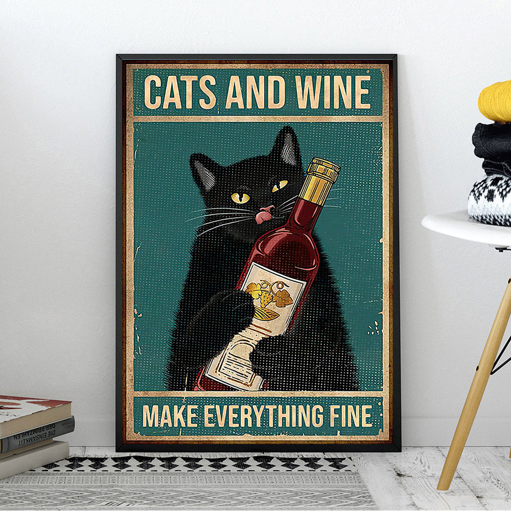 Vintage Cats and Wine Canvas Wall Sign Gomaki