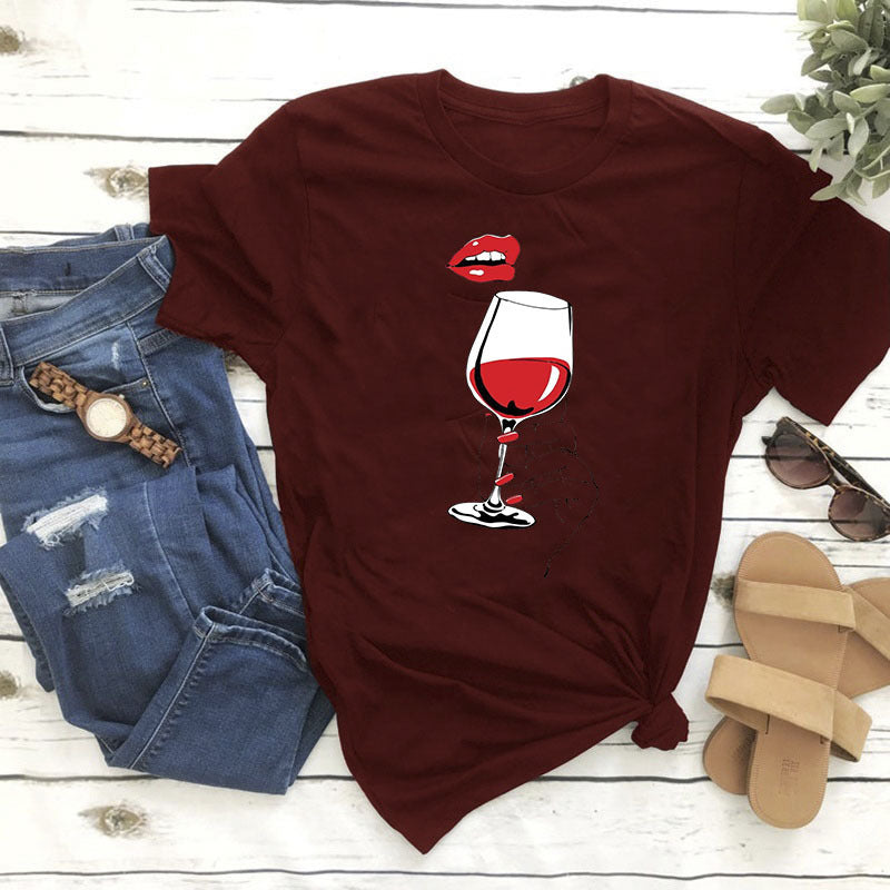 Women Graphic Wine Print T Shirt Gomaki