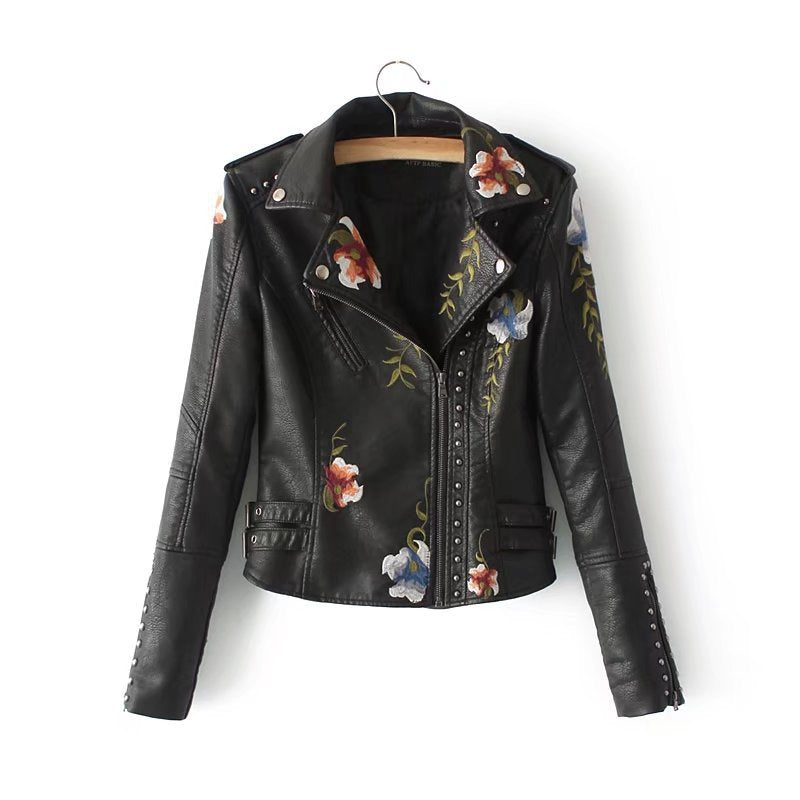 Black Floral Embroidered PU Leather Jacket Gomaki