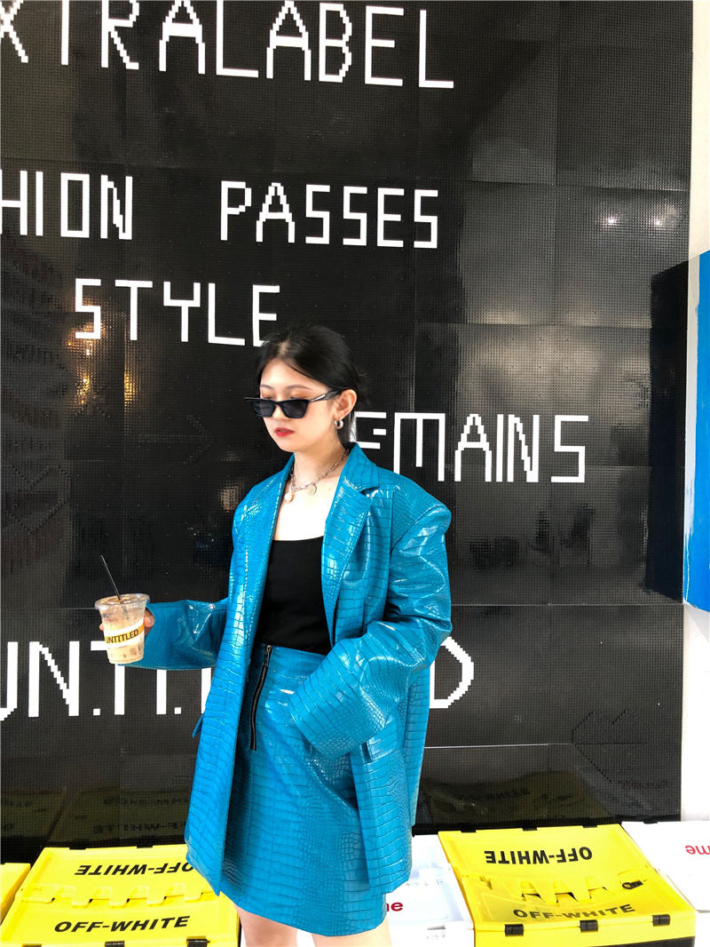 Genuine Leather Oversized Blazer Electric Blue Gomaki