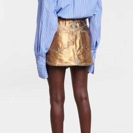 Gold Metallic Faux Leather Mini Skort Gomaki
