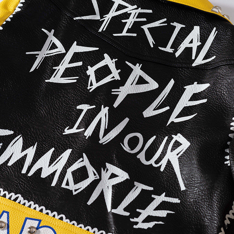 Yellow And Black PU Leather Biker Jacket Gomaki