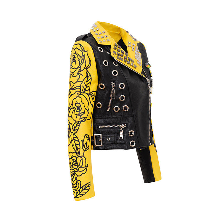 Yellow And Black PU Leather Biker Jacket Gomaki