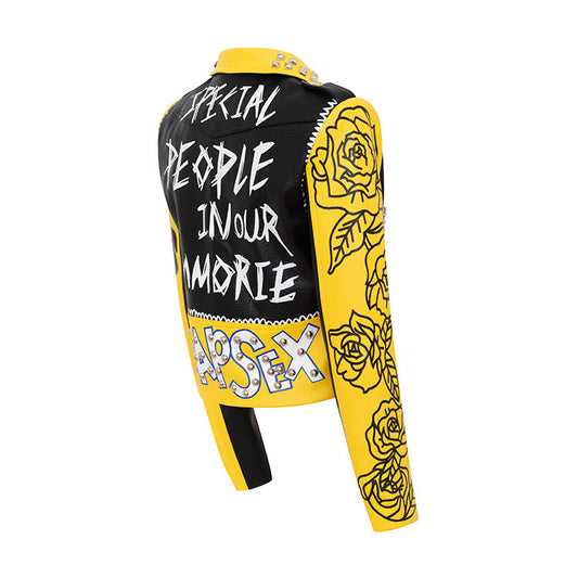 Yellow And Black PU Leather Biker Jacket Gomaki